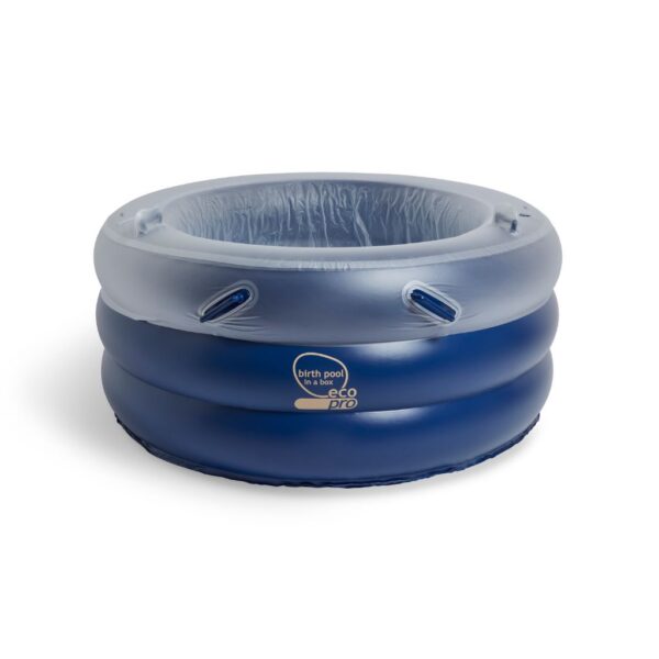 front view of new dark blue pro birth pool in a box